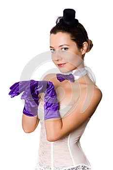 Woman in corset, gloves and little hat