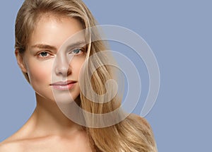 Woman cosmetic closeup beauty portrait. Over blue color background