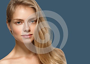 Woman cosmetic closeup beauty portrait. Over blue color background