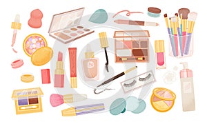 Woman cosmetic products. Beauty set of cosmetics, vector icon set. Mascara, lipstick, eye shadows, brush, concealer, lip