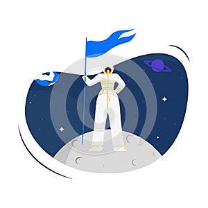 Woman Cosmonaut on Moon Flat Vector Illustration