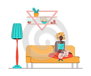 Woman on couch caresses cat, flat vector illustration in sketch style isolated.