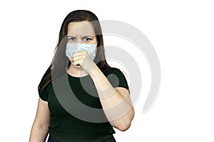 Woman cough with virus protection mask against pandemic of coronavirus COVID-19, isolated