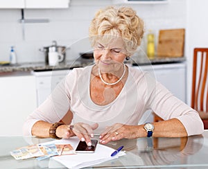 Woman counting her expenses using smartphone