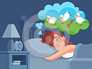 Woman counts sheep to sleep. Insomnia cartoon vector illustration