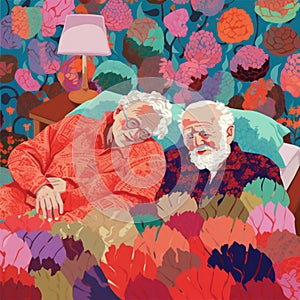 woman couple man happy asleep grandparent bed retirement old retired love together. Generative AI.