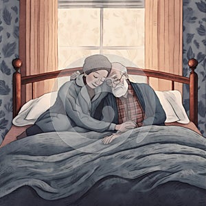 woman couple man happy lying old together love asleep retired bed sleeping. Generative AI.
