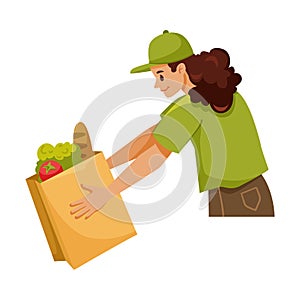 Woman Courier Character in Cap Give Foodstuff Bag as Food Delivery Service Vector Illustration