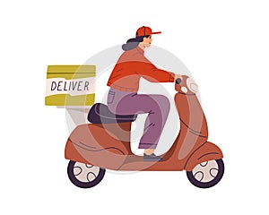 Woman courier driving scooter with delivery box. Deliverywoman riding moped. Person delivering food and goods on
