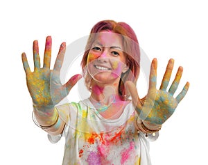 Woman covered with colorful powder dyes on white. Holi festival celebration