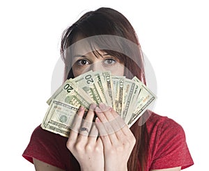 Woman Covering Half Face with 20 US Dollar Bills