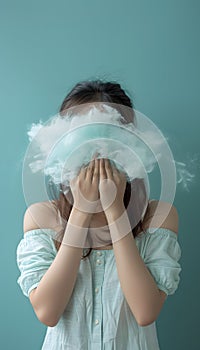 a woman is covering her face with a cloud