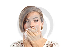 Woman covering her mouth because bad breath photo