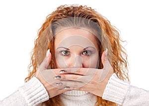 Woman covering her mouth by the hand