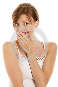 Woman covering teeth