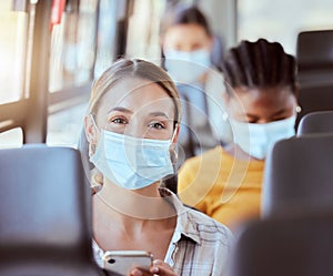 Woman, covid and mask on bus with phone for travel safety public transport commute. Portrait, health and healthcare