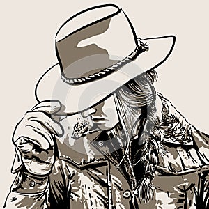 Woman with a cowboy hat. Hand drawn vector