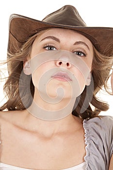 Woman cowboy hat serious