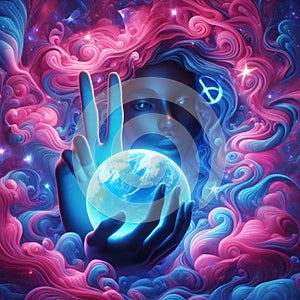 woman cradle earth planet sending a peace messagge with symbol illustration