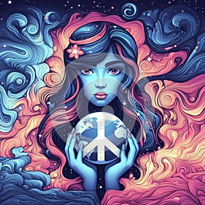 woman cradle earth planet sending a peace messagge with symbol illustration