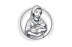 A woman cradles a baby in a sling against her chest