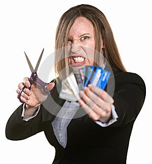 Woman With Credit Cards and Scissors