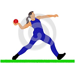 Woman Cricket bowler in Blue costume. Girl throwing a ball