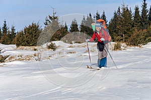 A woman cross country skiing in the mountain