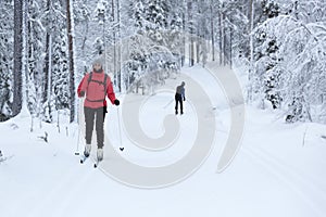 Woman cross-country skiing in the snowy forest