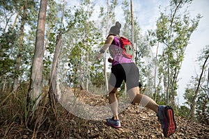 Woman cross country trail running in forest