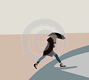 Woman cross the street with umbrella jumping over a puddle, wet feet and anger at the weather.