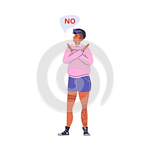 Woman crossed arms, says no or stop gesture, cartoon vector on white