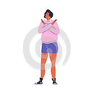 Woman crossed arms, stop gesture or says no, cartoon vector on white