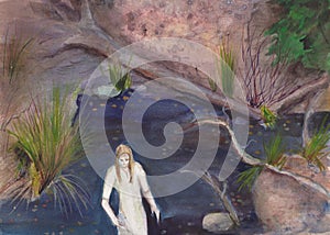 Woman crossing a stream in the forest