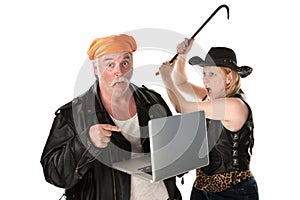 Woman with crowbar threatening man