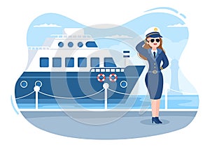 Woman Cruise Ship Captain Cartoon Illustration in Sailor Uniform Riding a Ships, Looking with Binoculars or Standing on the Harbor