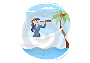 Woman Cruise Ship Captain Cartoon Illustration in Sailor Uniform Riding a Ships, Looking with Binoculars or Standing on the Harbor