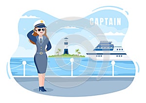 Woman Cruise Ship Captain Cartoon Illustration in Sailor Uniform Riding a Ships, Looking with Binoculars or Standing on the Harbor