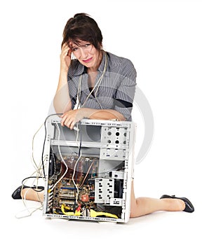 Woman crying on computer