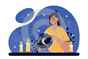 A woman with a crystal ball and candles