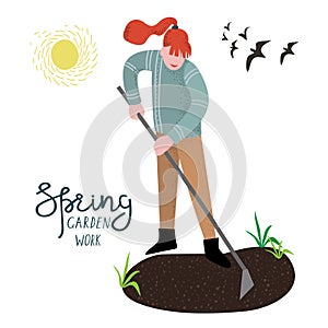 The woman cultivate the land with a hoe for planting isolated on a white background .Vector illustration in flat style.