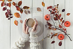 Woman with cup of coffee, leaves, small pumpkins and rowan on white retro wood boards. background. Autumn, fall concept. Flat lay,