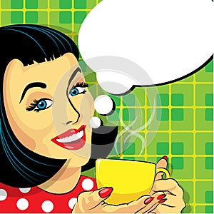 Woman With Cup of Coffee and Speech Bubble.