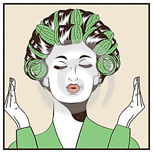 Woman with curlers in their hair. Pop Art illustration.