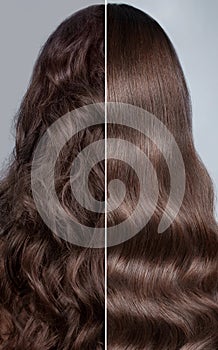 Woman before after curling her hair. Rear view, straight and curls.