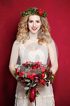 Woman with Curly Blond Hair. Bride with Flowers