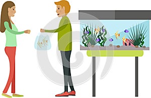 Woman customer buying fish at zoo shop vector icon isolated on white