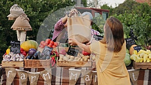 Woman customer buying organic groceries at farmers market