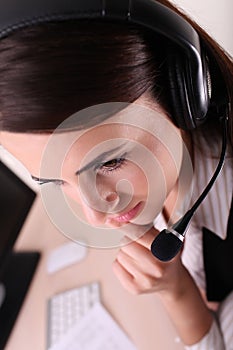 Woman customer service worker, call center operator with phone h