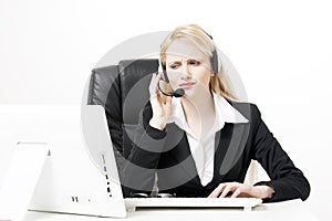 Woman customer service worker, call center operator with phone headset